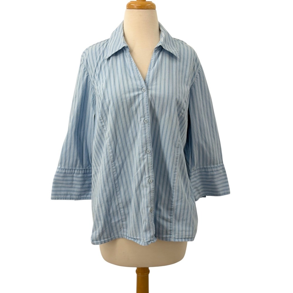 Motherhood Maternity Blue White Striped Button Down Shirt 3/4 Sleeve Size Large